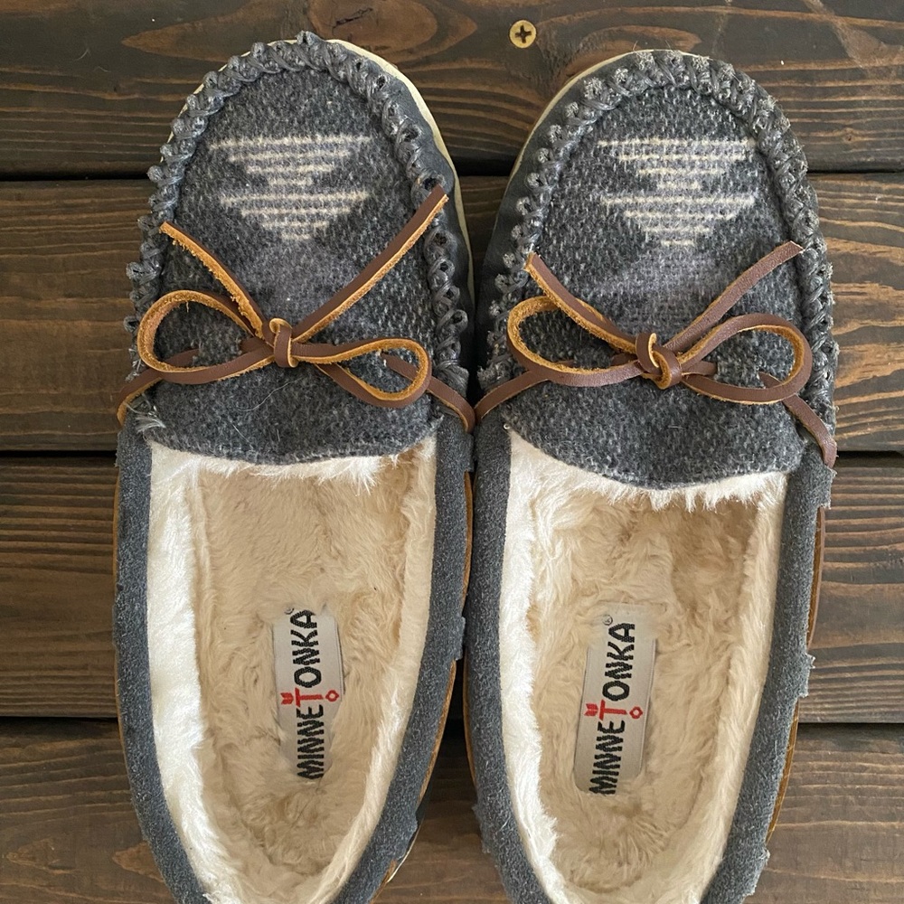 Minnetonka Charcoal and Tan Moccasins